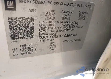 2019 Chevrolet Silverado 1500 Ltz из США, поврежденный, VIN 3GCUYGED4KG267882